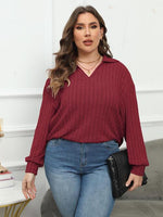 Plus Size Ribbed Collared Neck Long Sleeve Blouse - Ladyez