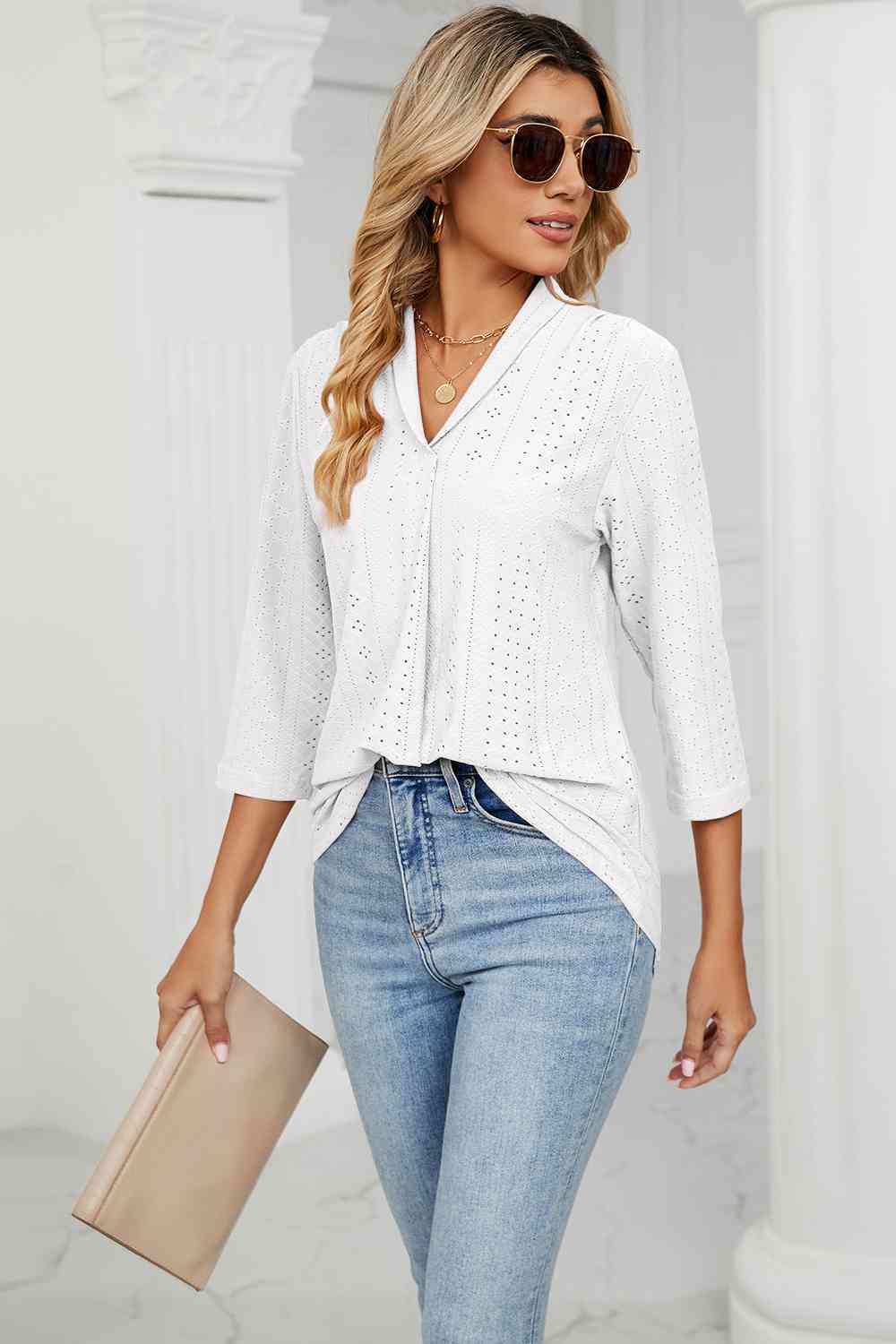 Eyelet Three-Quarter Sleeve Blouse - Ladyez