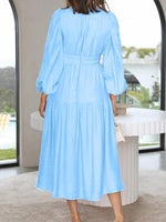 Deep V-Neck Balloon Sleeve Plain Maxi Dress - Ladyez