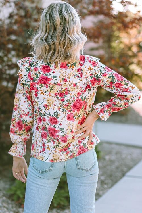 Floral Round Neck Smocked Blouse - Ladyez