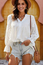 Crochet Flounce Sleeve Button Up Blouse - Ladyez