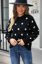 Woven Right Polka Dot Round Neck Dropped Shoulder Sweater - Ladyez