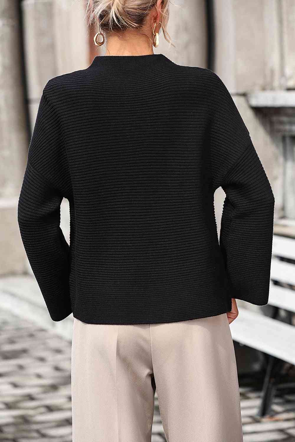 Mock Neck Dropped Shoulder Pullover Sweater - Ladyez