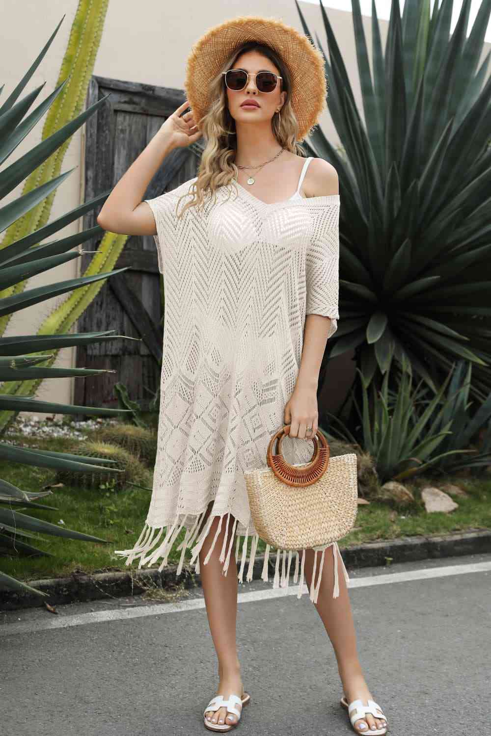 V-Neck Short Sleeve Fringe Hem Knit Dress - Ladyez