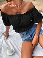 Off-Shoulder Frill Trim Peplum Top - Ladyez