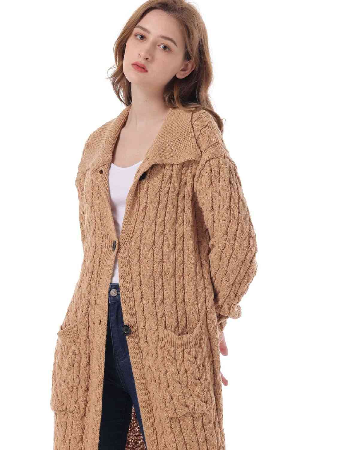 Cable-Knit Collared Neck Cardigan with Pockets - Ladyez