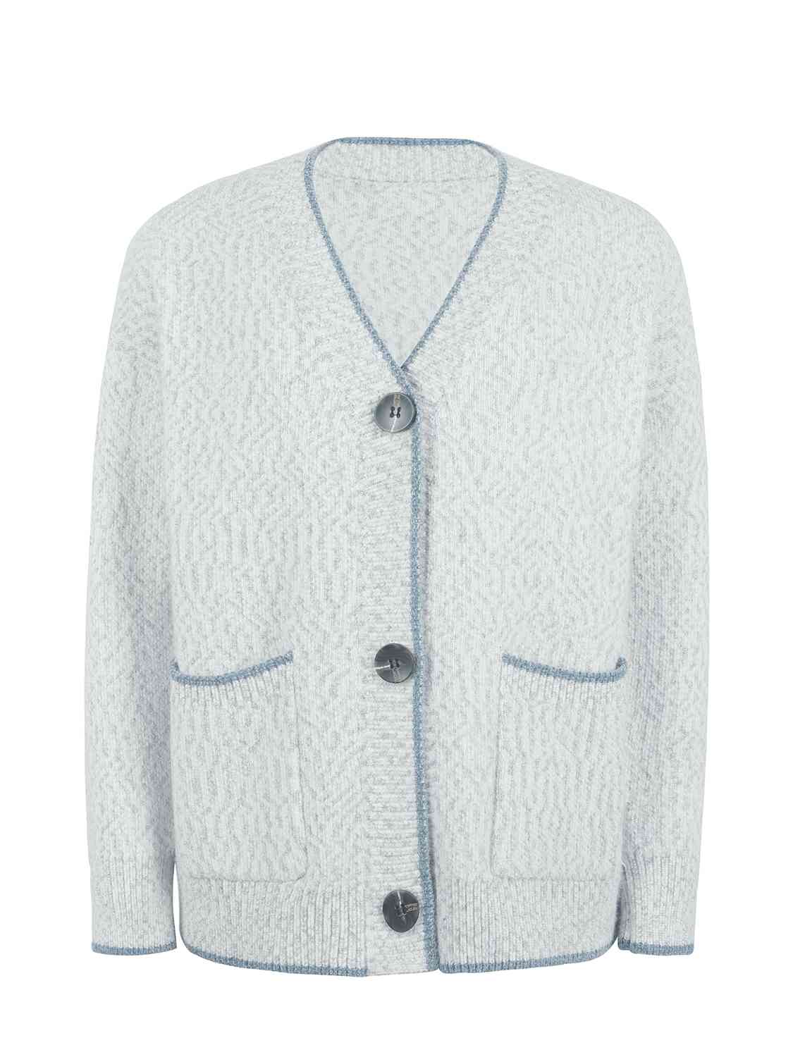 Button Down V-Neck Cardigan with Pockets - Ladyez