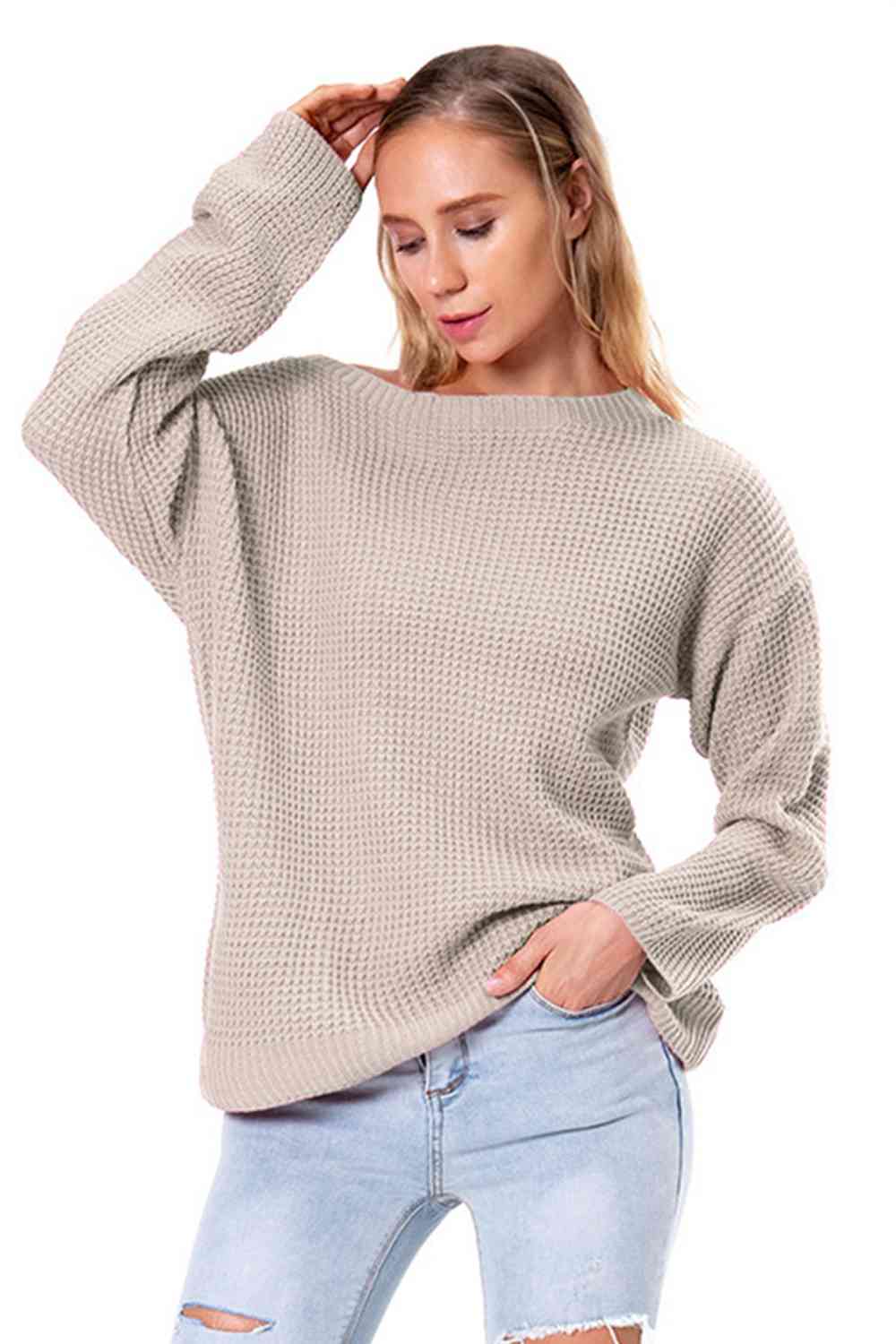 Boat Neck Drop Shoulder Long Sleeve Sweater - Ladyez