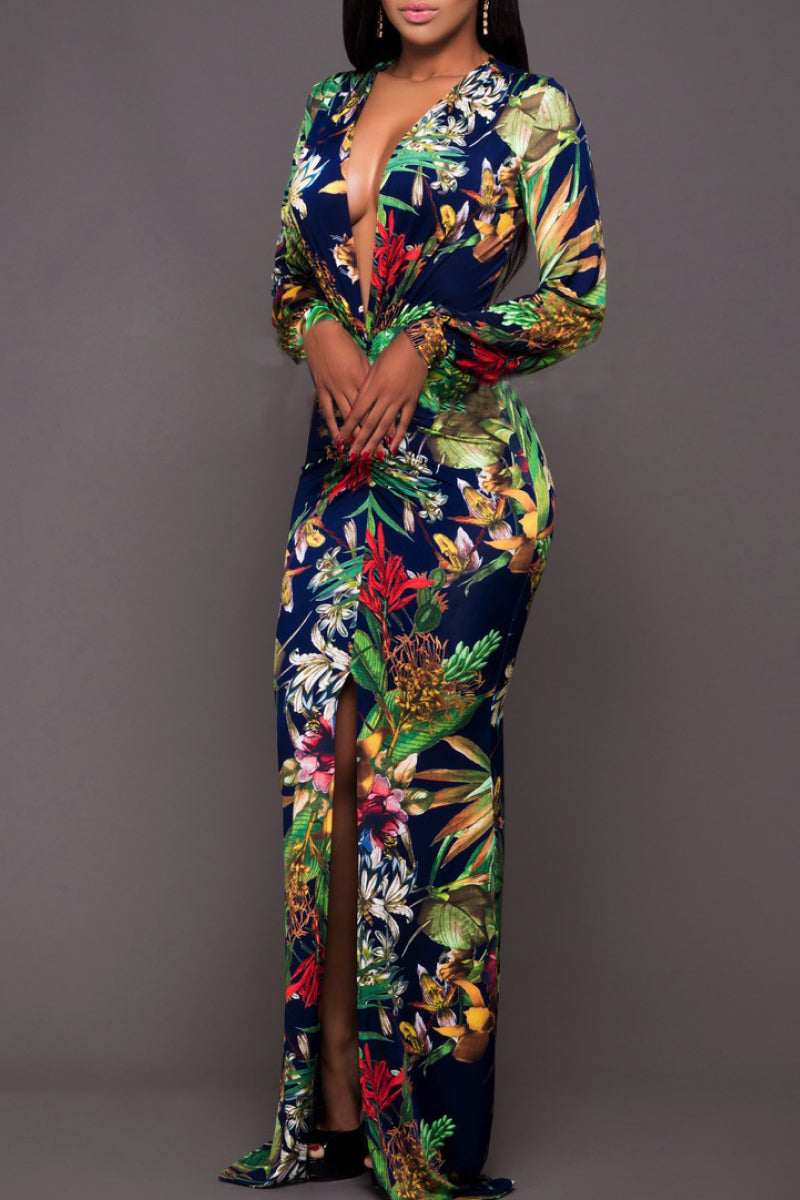 Printed Plunge Neck Leg Split Maxi Dress - Ladyez
