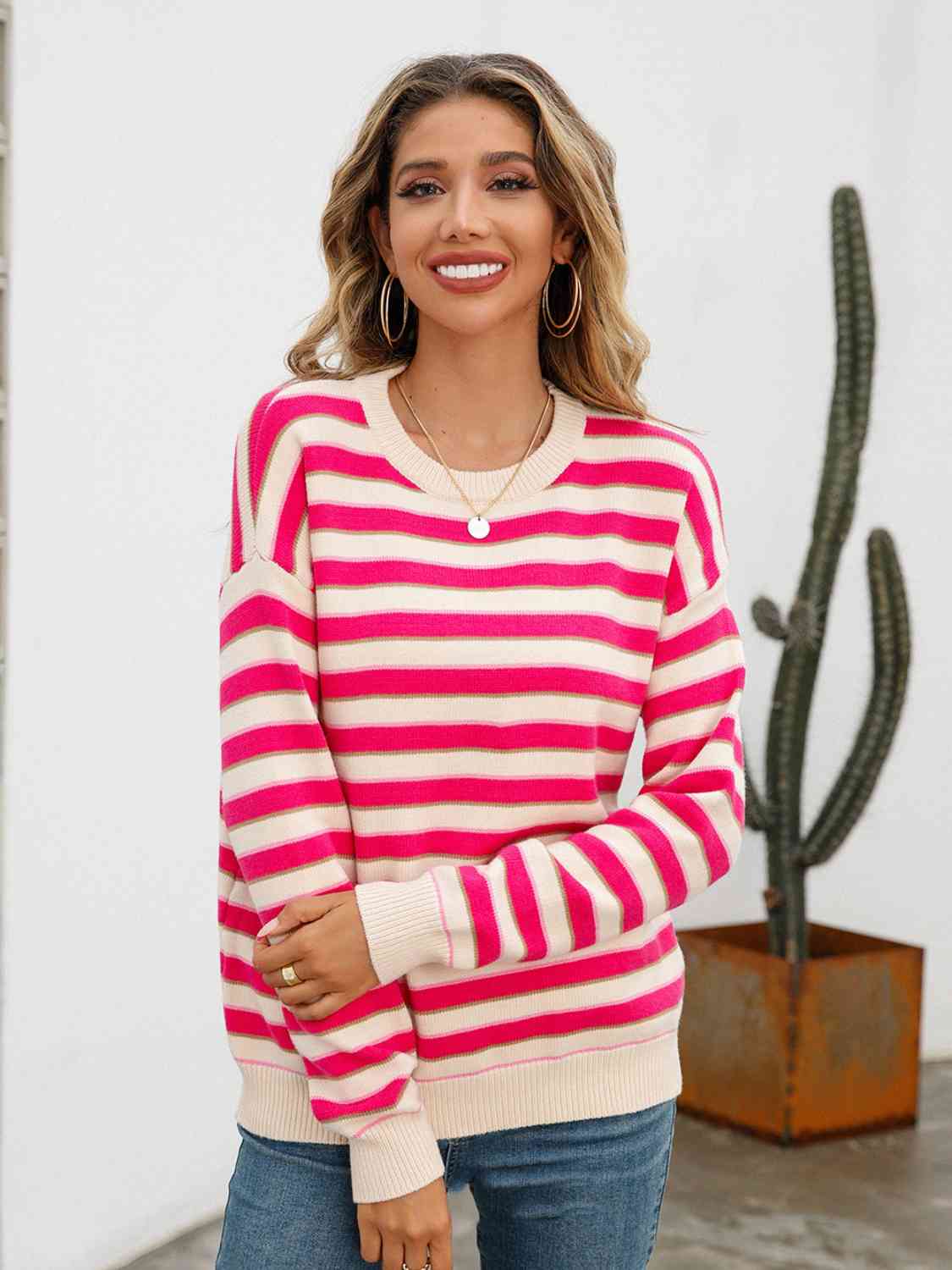 Striped Drop Shoulder Knit Top - Ladyez
