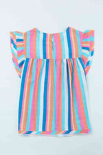 Multicolored Stripe Flutter Sleeve Blouse - Ladyez