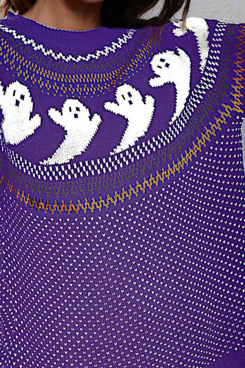 Ghost Pattern Round Neck Long Sleeve Sweater - Ladyez