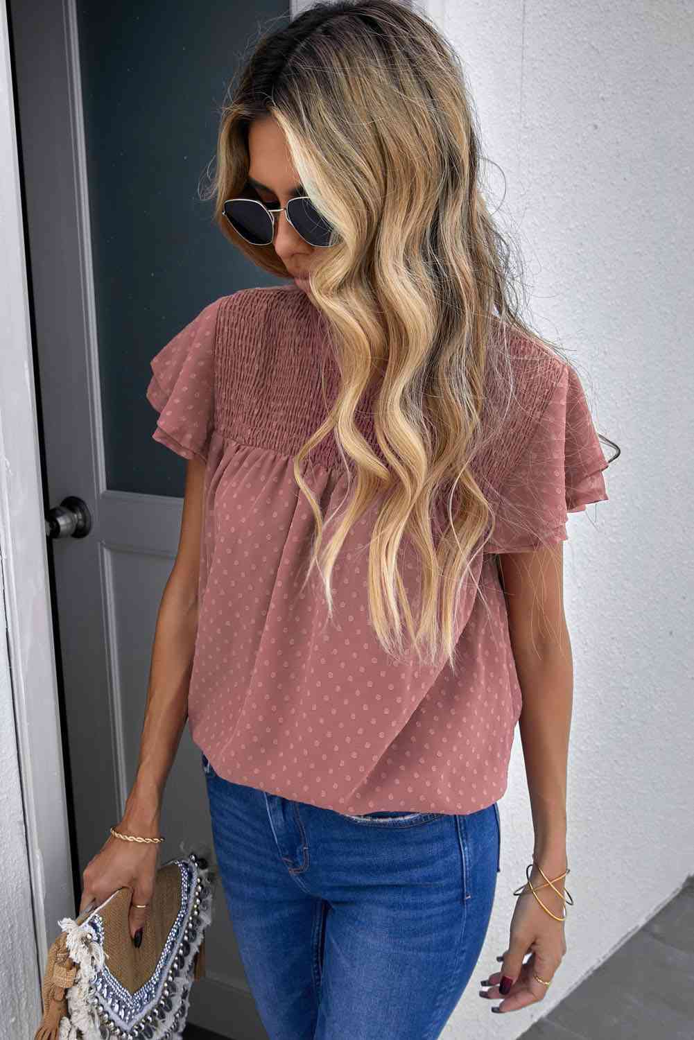 Polka Dot Smocked Flutter Sleeve Blouse - Ladyez
