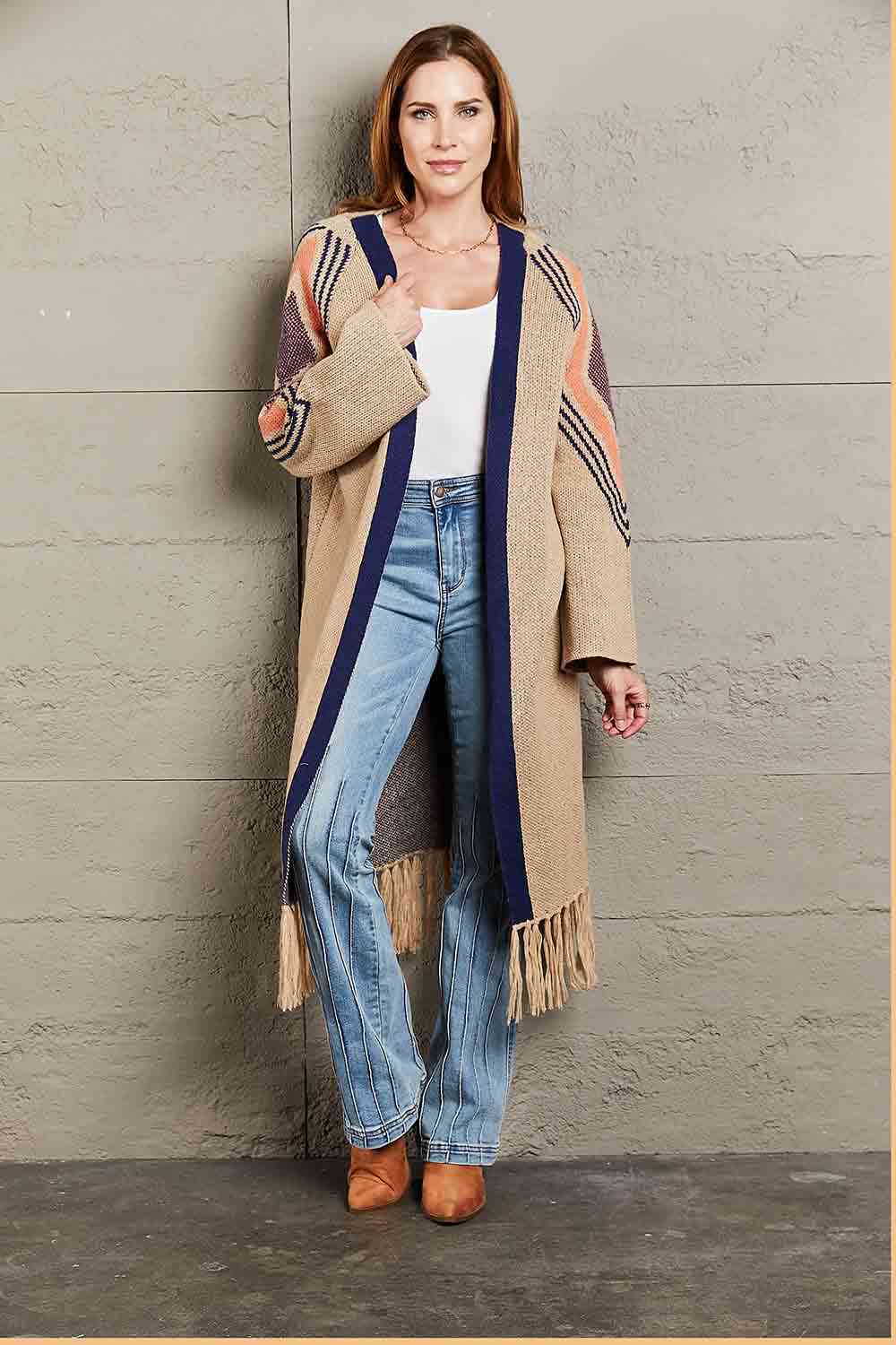Double Take Geometric Fringe Hem Open Front Duster Cardigan - Ladyez