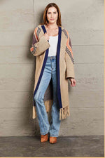 Double Take Geometric Fringe Hem Open Front Duster Cardigan - Ladyez