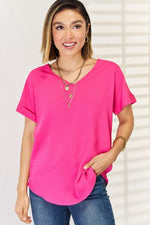 Zenana V-Neck Rolled Short Sleeve T-Shirt - Ladyez