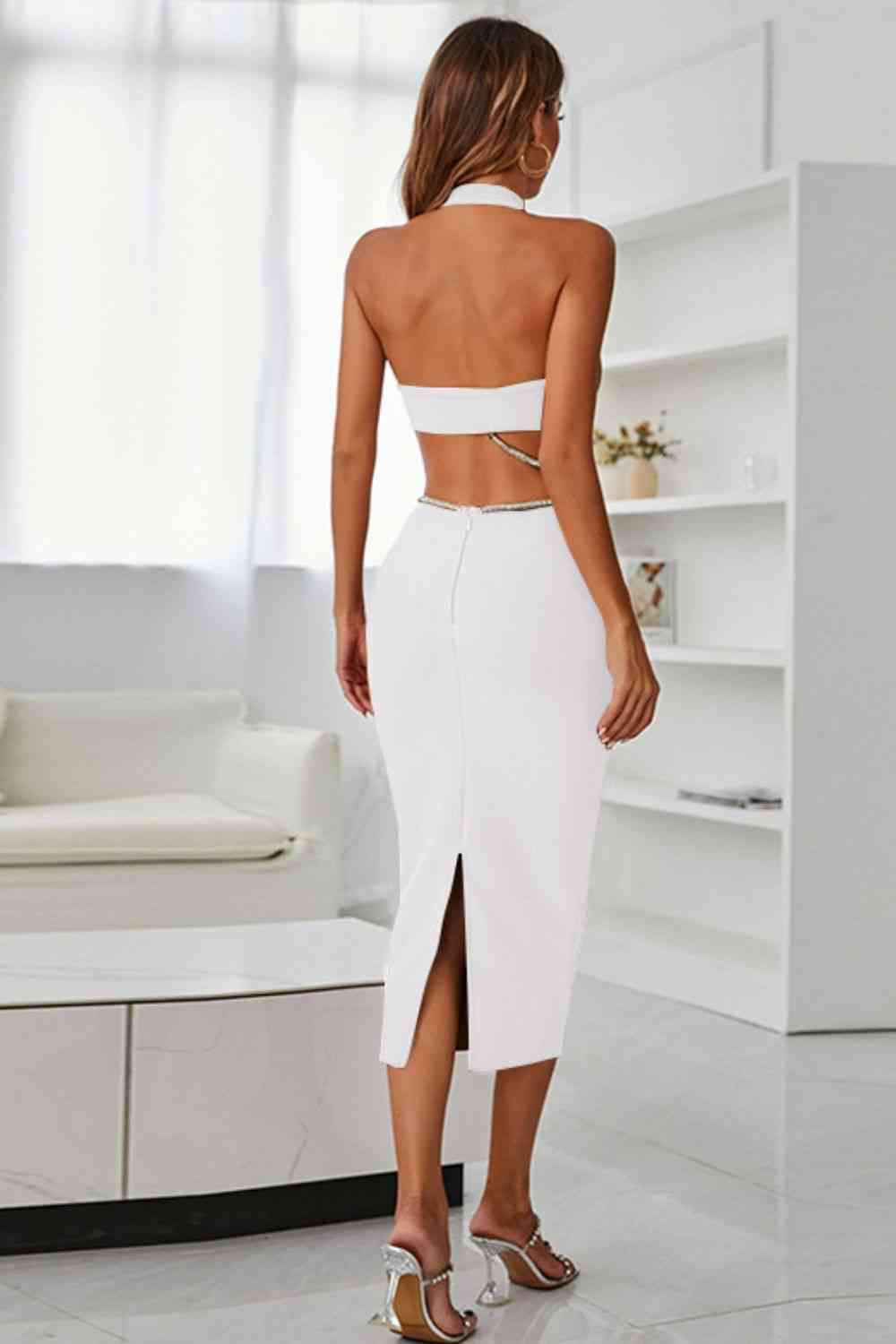 Rhinestone Halter Neck Cutout Slit Midi Dress - Ladyez