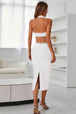 Rhinestone Halter Neck Cutout Slit Midi Dress - Ladyez