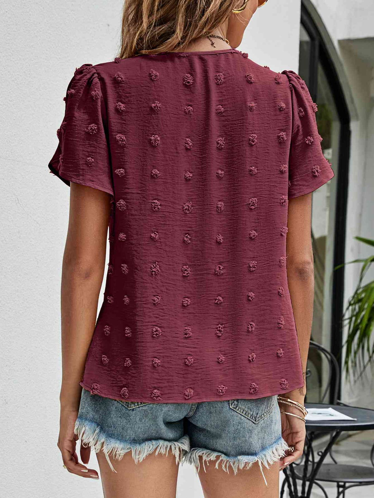 Swiss Dot Round Neck Petal Sleeve Top - Ladyez