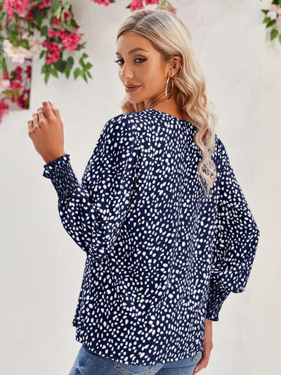 Printed V-Neck Lantern Sleeve Blouse - Ladyez