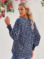 Printed V-Neck Lantern Sleeve Blouse - Ladyez