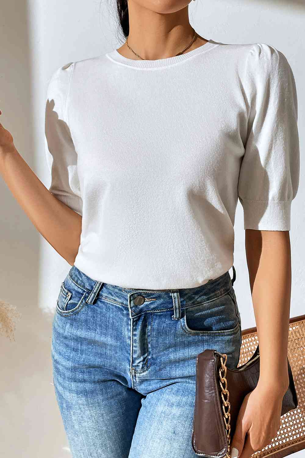 Round Neck Puff Sleeve Knit Top - Ladyez