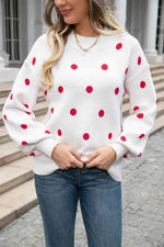 Woven Right Polka Dot Round Neck Dropped Shoulder Sweater - Ladyez