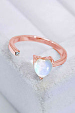 Inlaid Moonstone Heart Adjustable Open Ring - Ladyez