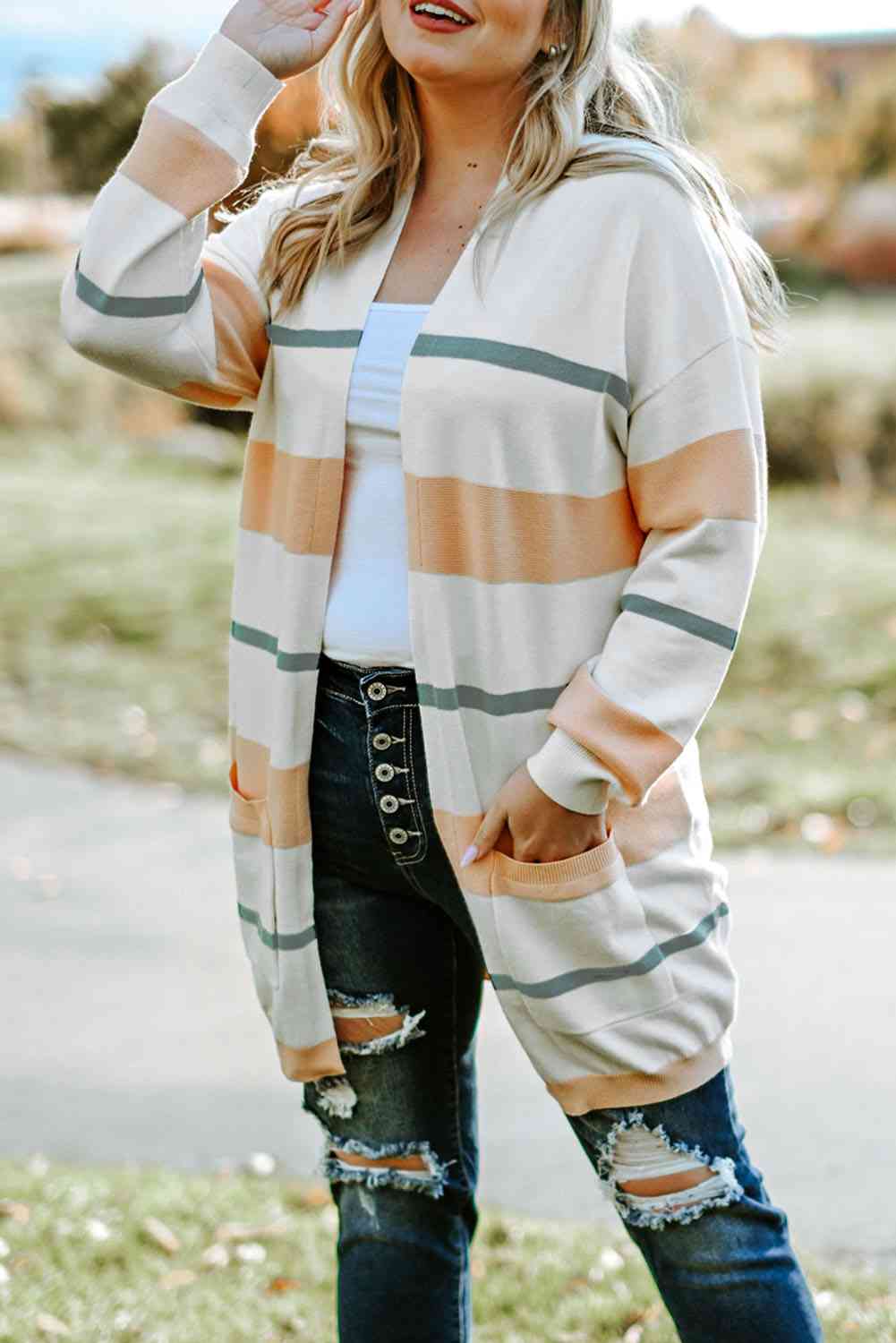 Plus Size Striped Open Front Cardigan - Ladyez