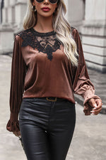 Lace Detail Round Neck Smocked Flounce Sleeve Blouse - Ladyez