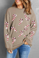 Sequin Candy Cane Round Neck Sweatshirt - Ladyez