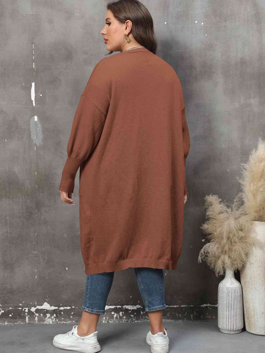 Plus Size Long Sleeve Pocketed Cardigan - Ladyez