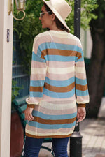 Full Size Striped Long Sleeve Openwork Cardigan - Ladyez