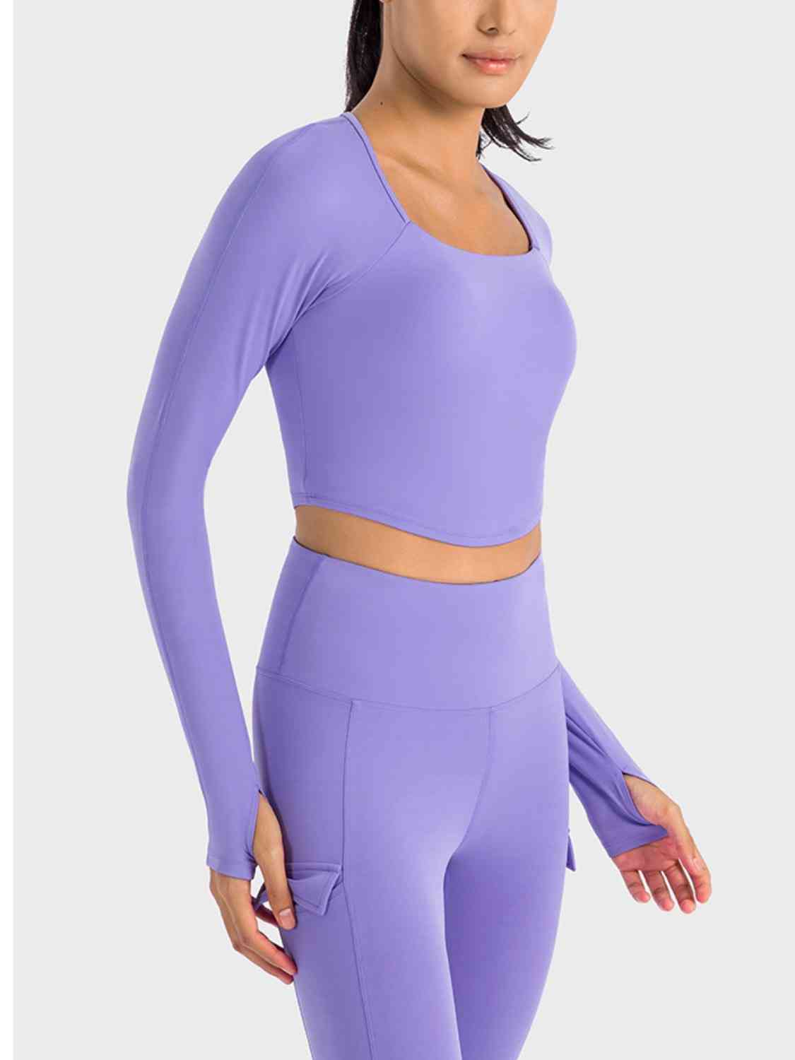 Square Neck Long Sleeve Cropped Sports Top - Ladyez