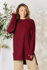 Basic Bae Full Size Ribbed Round Neck Long Sleeve Slit Top - Ladyez