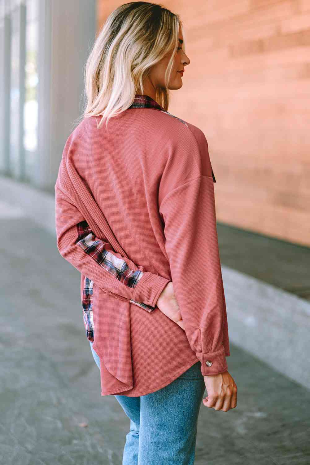 Plaid Button Down Collared Jacket - Ladyez