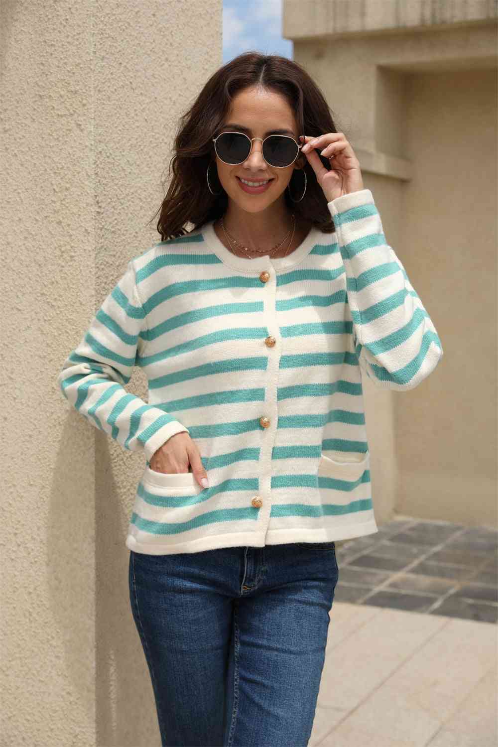 Striped Round Neck Button-Down Dropped Shoulder Cardigan - Ladyez