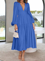 Deep V-Neck Balloon Sleeve Plain Maxi Dress - Ladyez