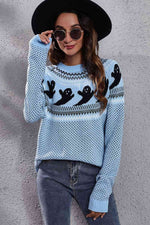 Ghost Pattern Round Neck Long Sleeve Sweater - Ladyez