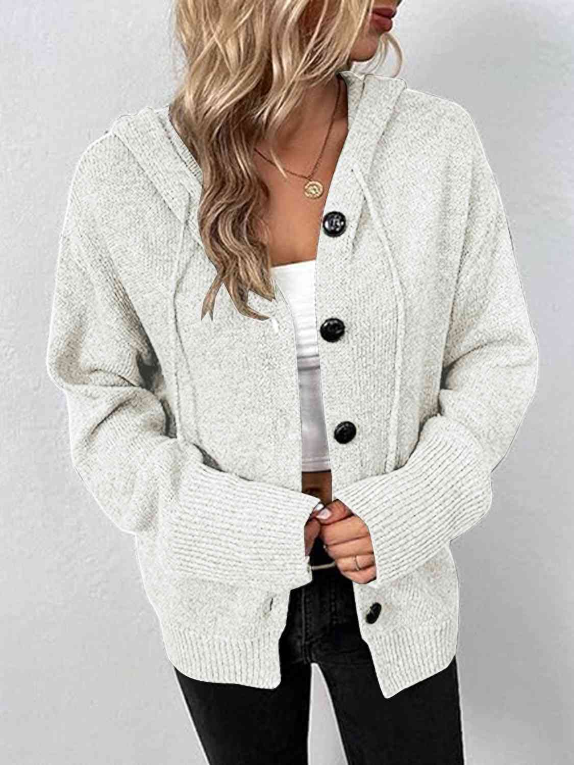 Button Up Drawstring Long Sleeve Hooded Cardigan - Ladyez