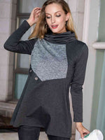 Two-Tone Funnel Neck Long Sleeve Top - Ladyez