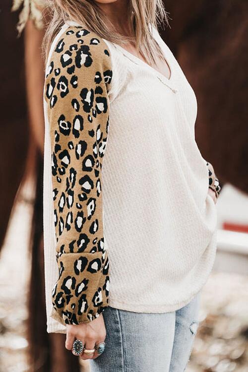 Plus Size Leopard V-Neck Raglan Sleeve Blouse - Ladyez