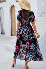 Smocked Floral V-Neck Short Sleeve Dress - Ladyez
