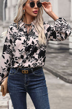 Printed Tie Neck Balloon Sleeve Blouse - Ladyez