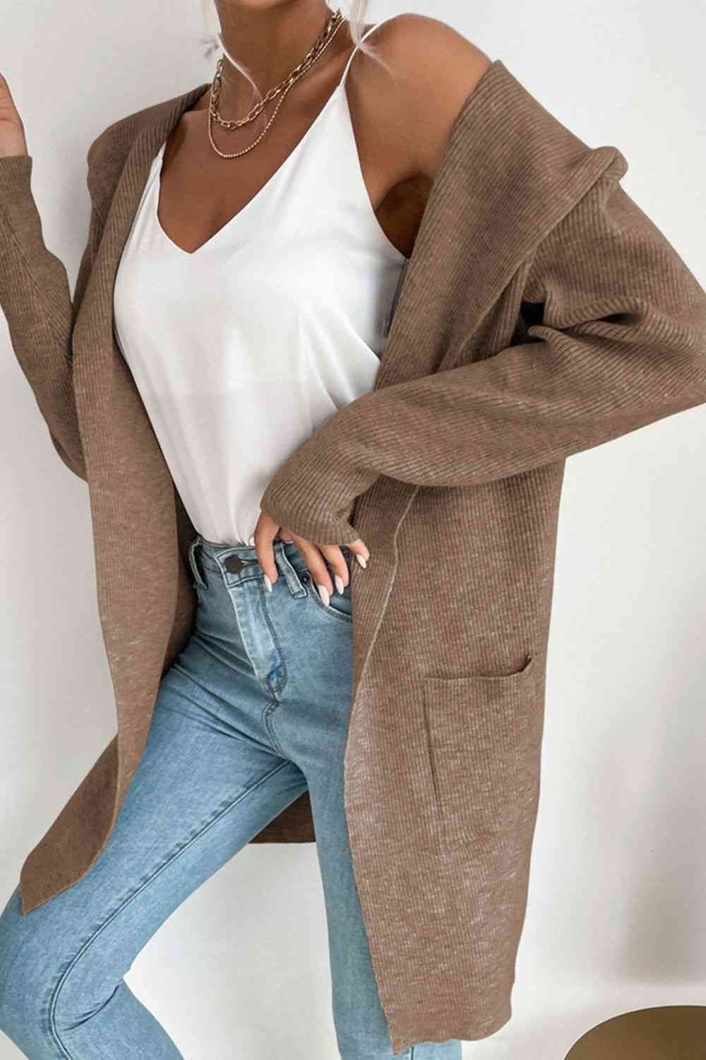 Double Take Ribbed Open Front Hooded Cardigan with Pockets - Ladyez