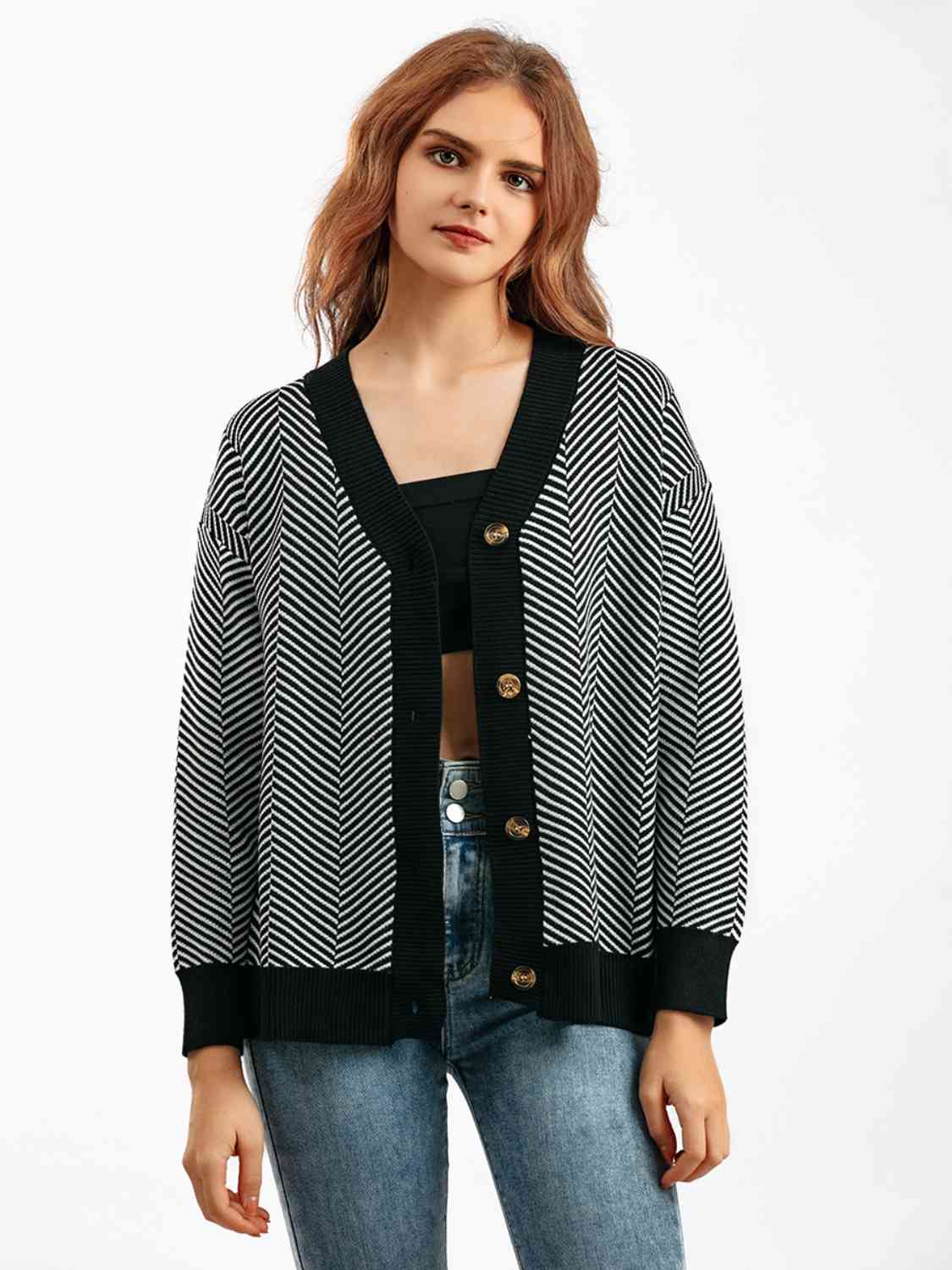 Button Down V-Neck Cardigan - Ladyez