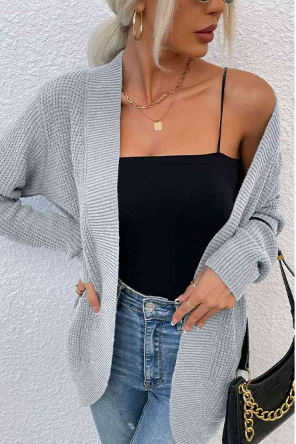 Open Front Rib-Knit Cardigan with Pockets - Ladyez