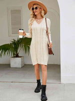 Cable-Knit V-Neck Mini Sweater Dress - Ladyez