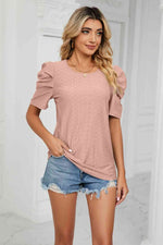Eyelet Puff Sleeve Round Neck Blouse - Ladyez