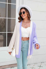 Open Front Contrast Color Balloon Sleeve Cardigan - Ladyez